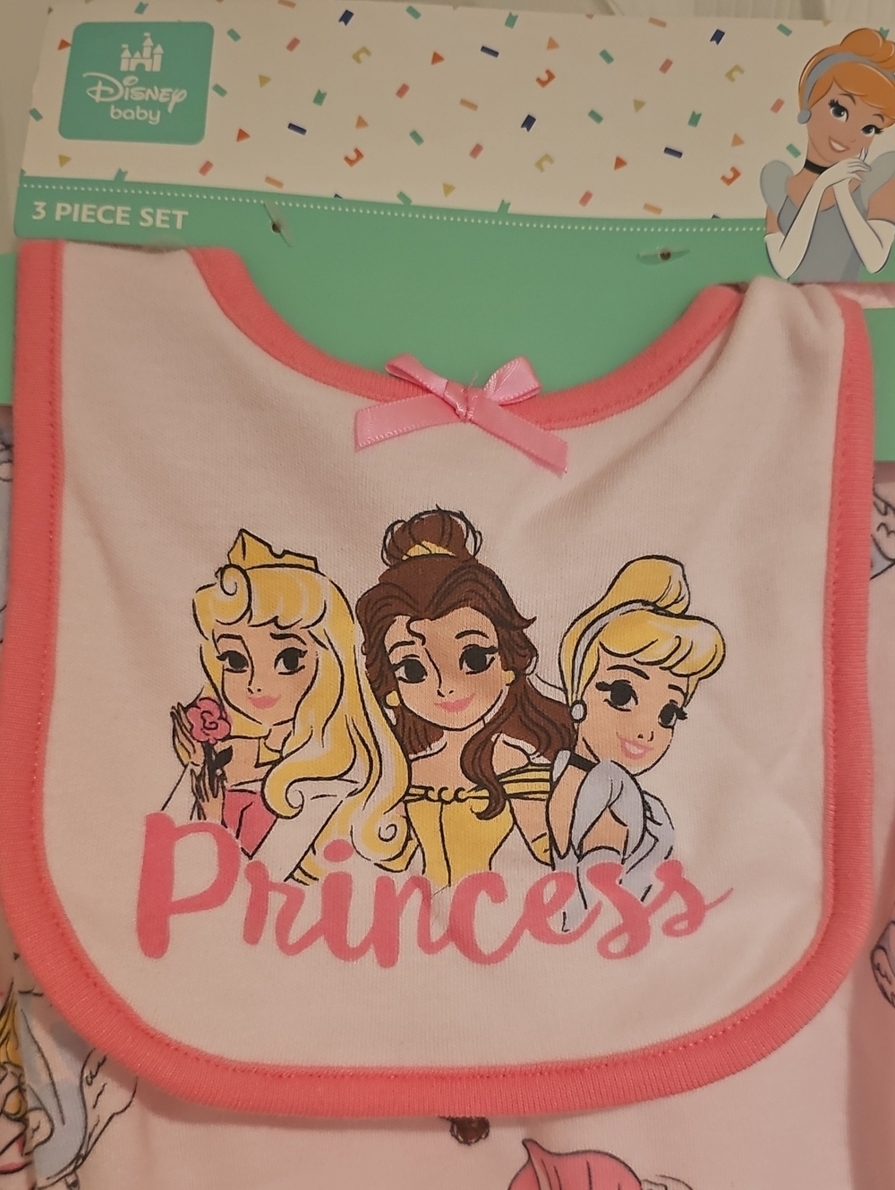 Disney Princess Baby Girl 6/9 Months 3pc Set Bodysuit, Pant, Bib Pink New - Picture 3 of 10